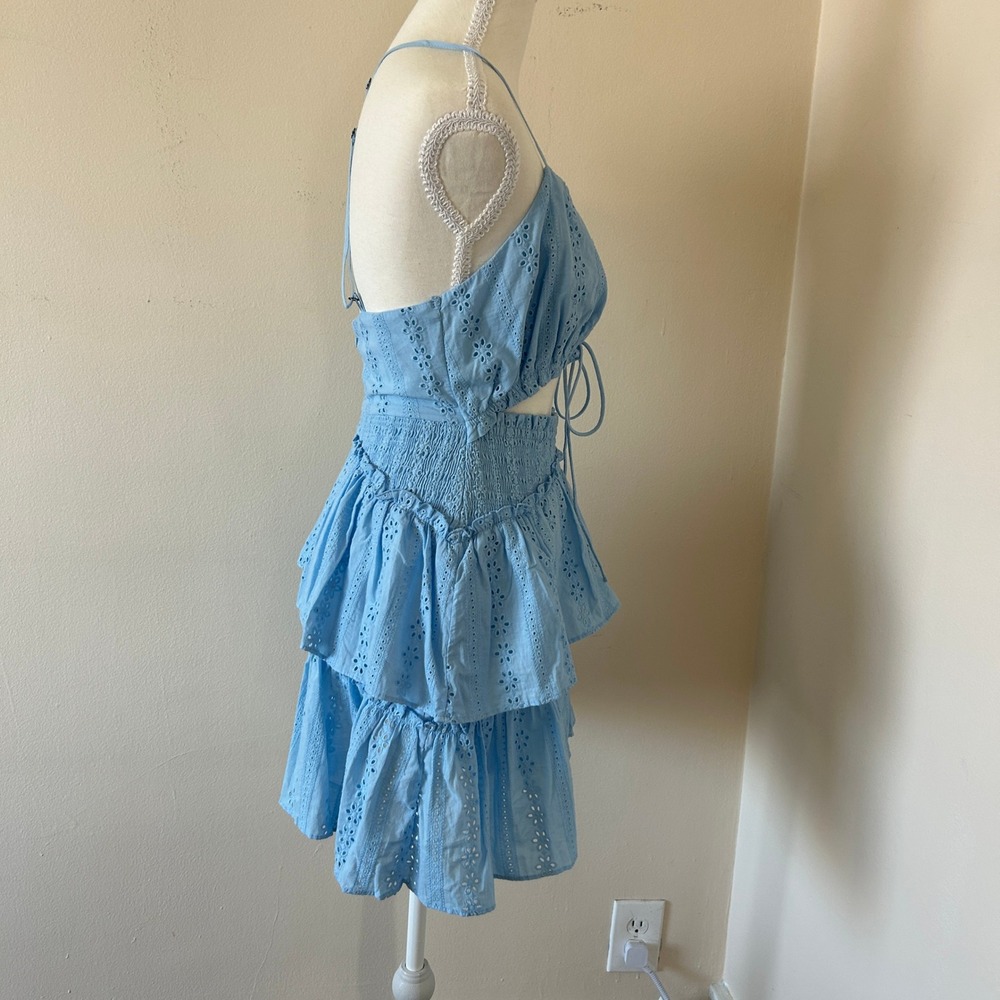 Mable Light Blue Eyelet Tiered Cutout Boho Festival Mini Dress S - Picture 10 of 11